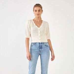 English Factory Cream Crochet Knit Cropped Cardigan Size L NWOT